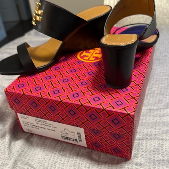 Tory Burch Black and Gold Wedge Shoes - Picture 4 of 7